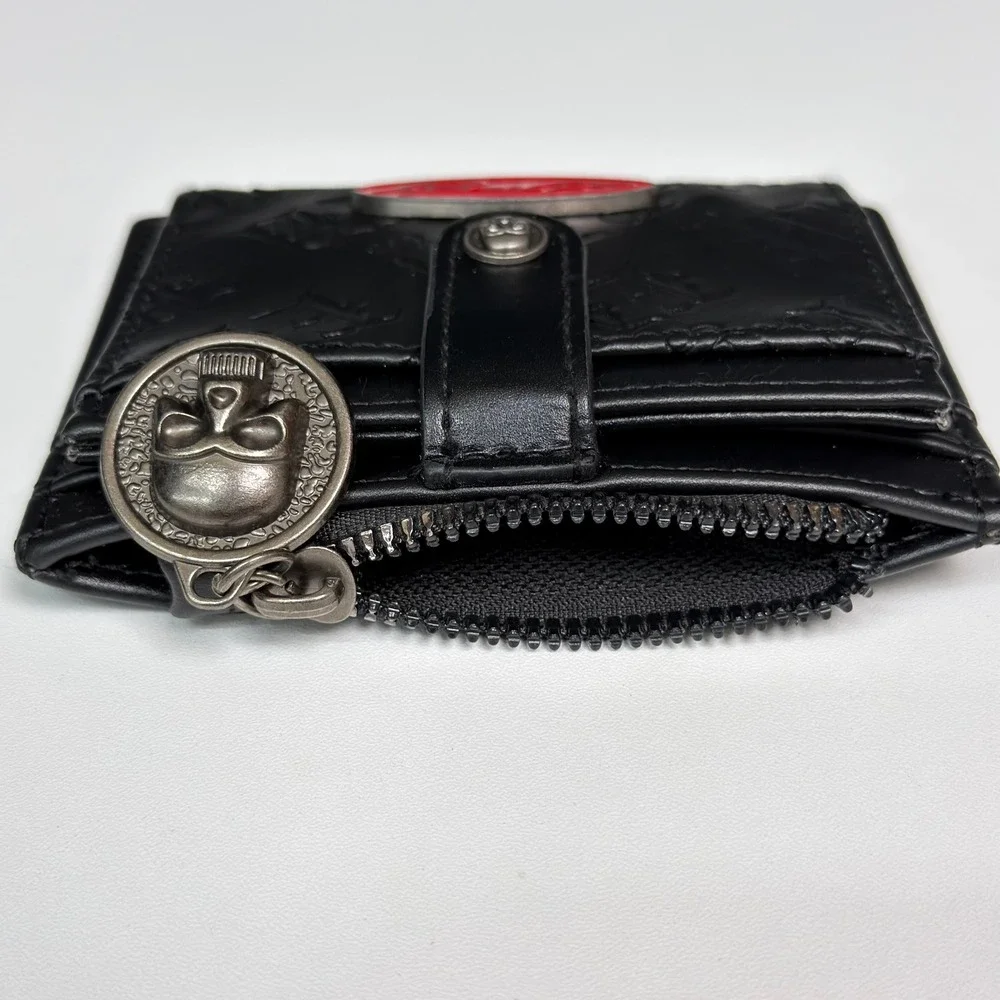 Ed Hardy Black Embossed Monogram Bifold Wallet Skull Zipper Pull ID Window Y2K
